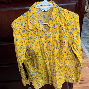 Old Navy Bright Yellow Shirt with Blue Floral Design